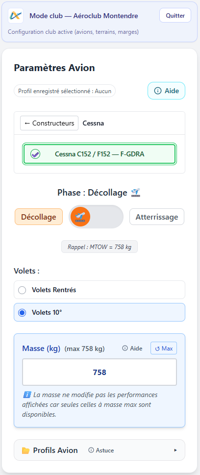 Mode club : sélection avion filtrée avec immatriculations