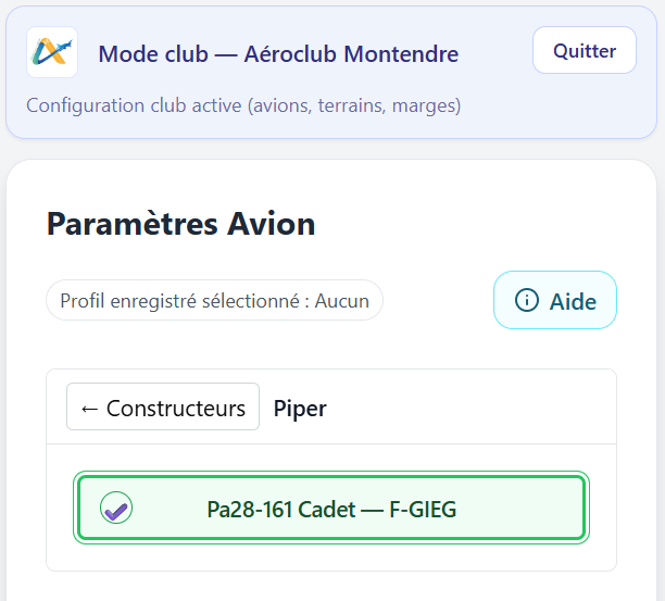 Perf2Fly mode club : aérodrome/piste pré-remplis