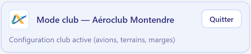 Bandeau Mode club Perf2Fly indiquant la configuration active d’un aéroclub